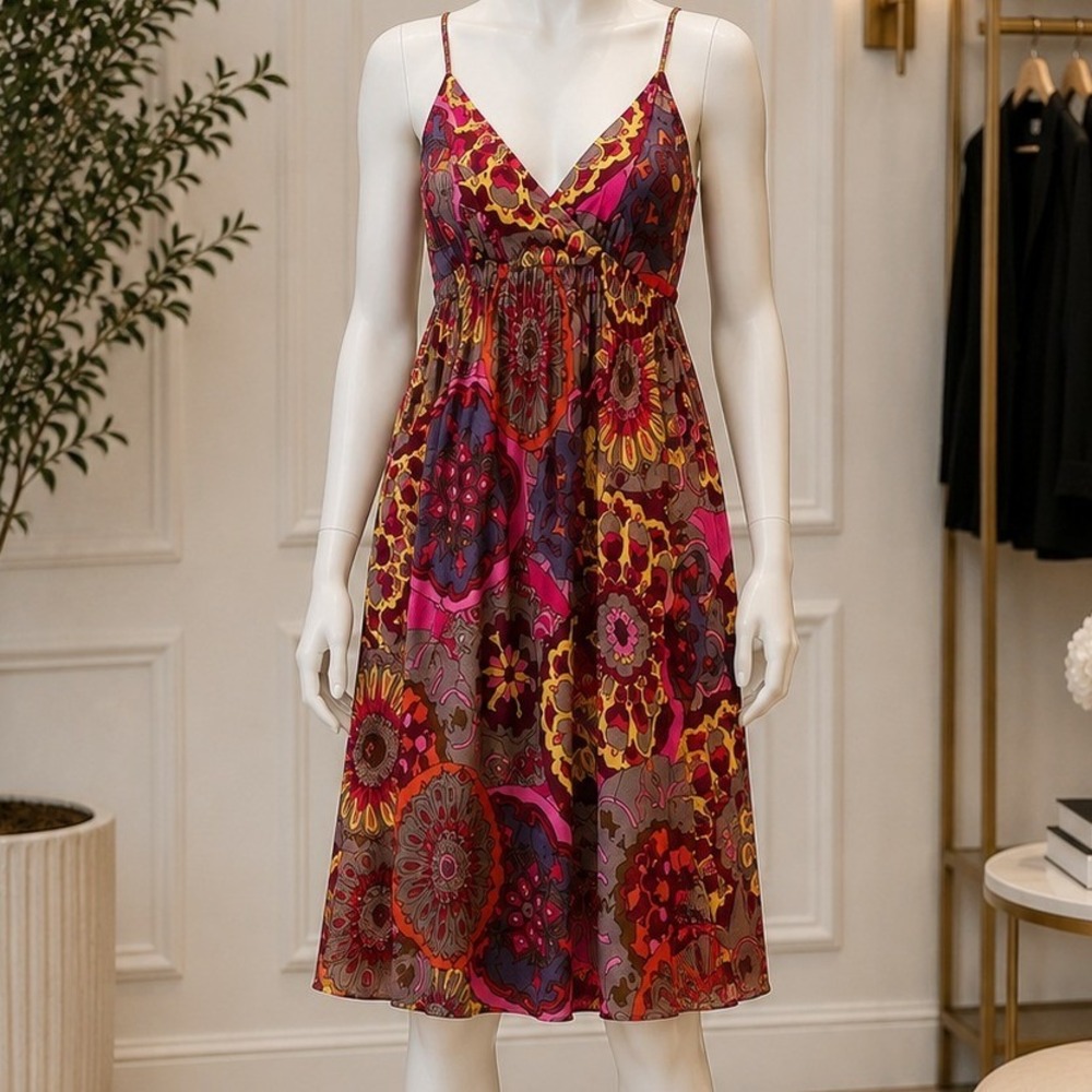 Planet Gold Womens Sundress Boho Floral Medallion Smocked Cotton Red Small